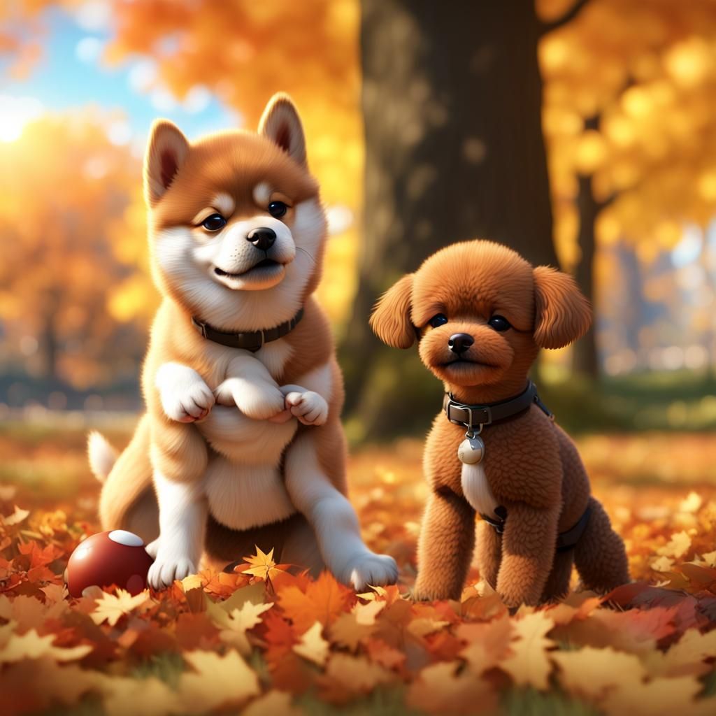 Shiba Inu and Poodle Puppies Playing in Autumn