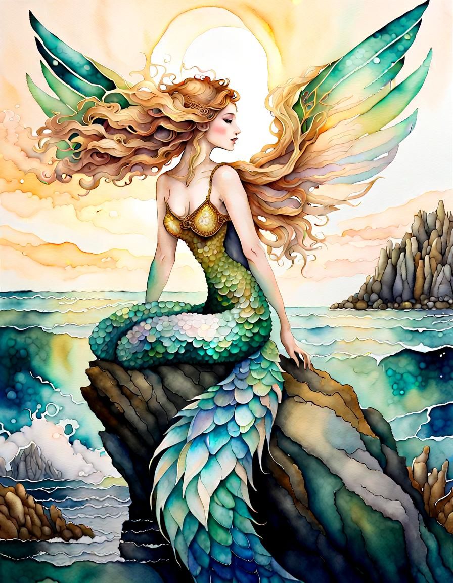 Siren Singing to Sailors, Watercolor and Alcohol Ink