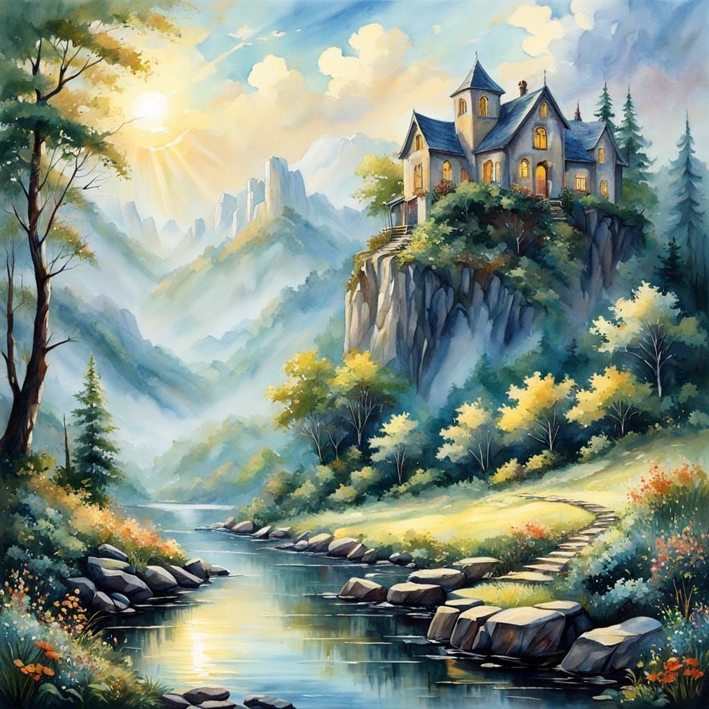 Ethereal Landscape with Soft White Clouds and Golden Light