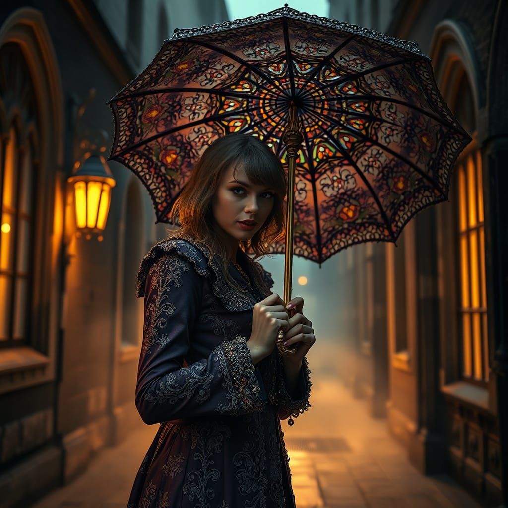 Taylor Swift with Gemstone Umbrella in Victorian-Inspired Go...