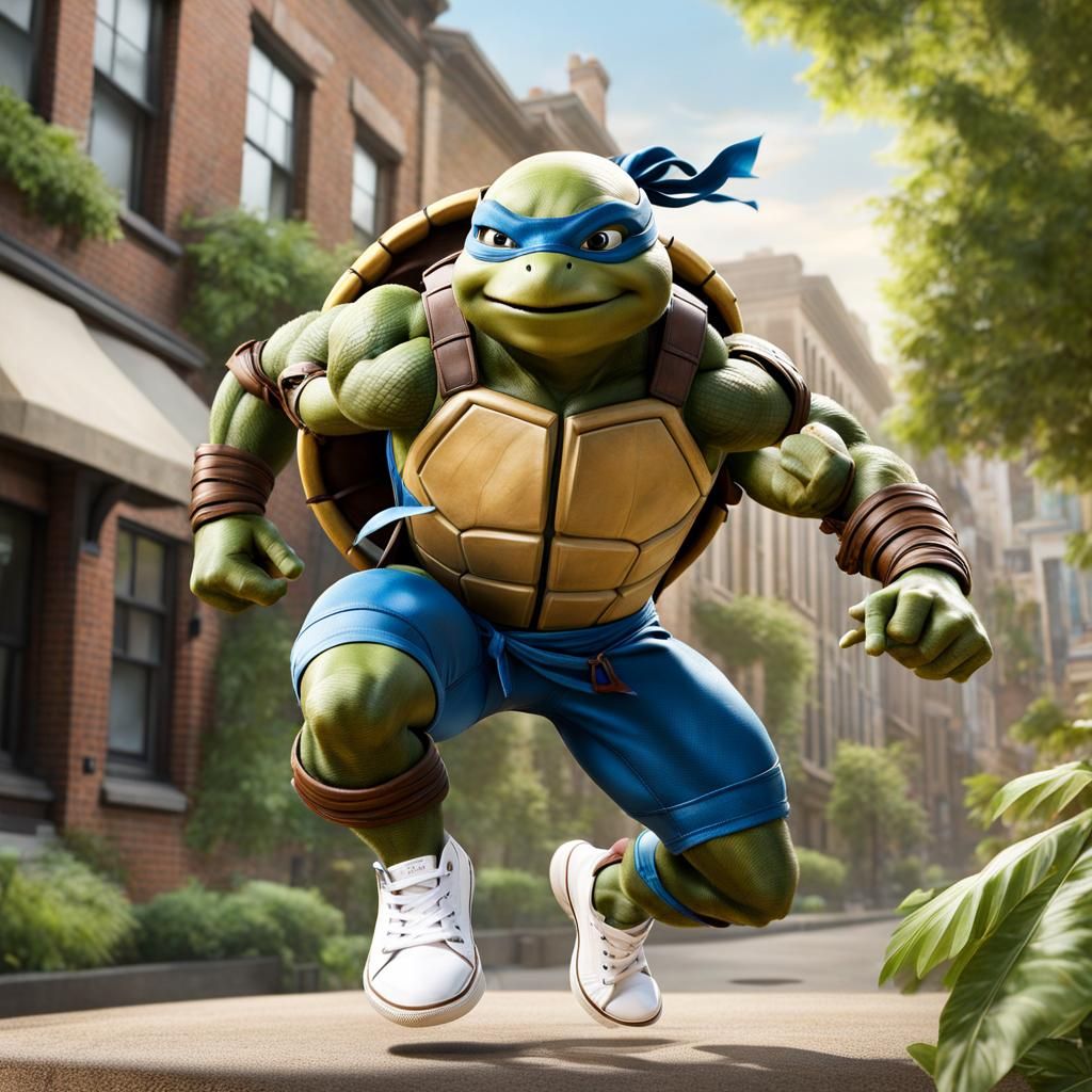 Teenage Mutant Ninja Turtle Leonardo Running in City Garden