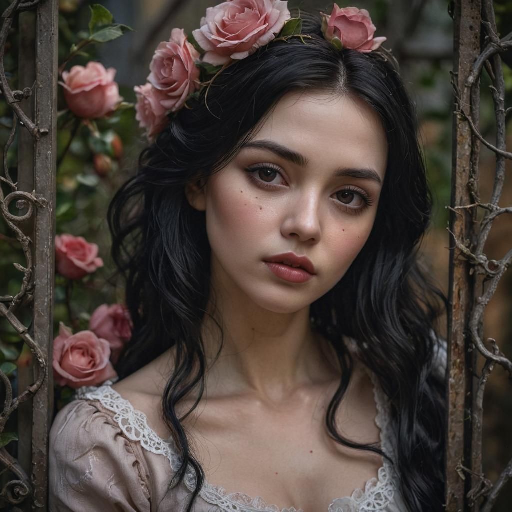Porcelain Beauty in a Rose Garden, Photorealistic Portrait