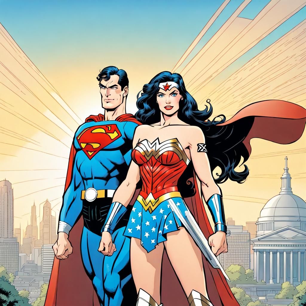 Wonder Woman and Superman Portrait in Comic Style
