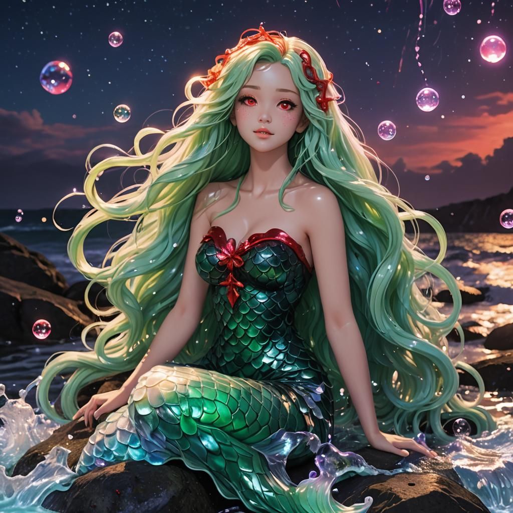 Anime Mermaid in Starry Night, 3D Render