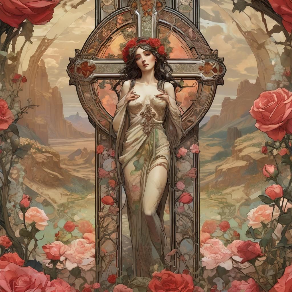 Gothic Cross Divides Worlds in Art Nouveau Style