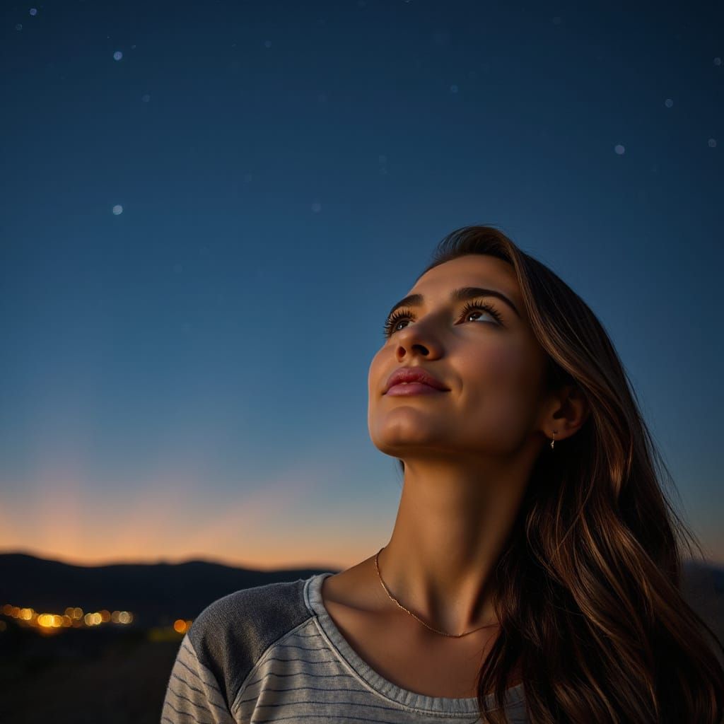 Woman Stargazing Under Aurora Borealis Portrait