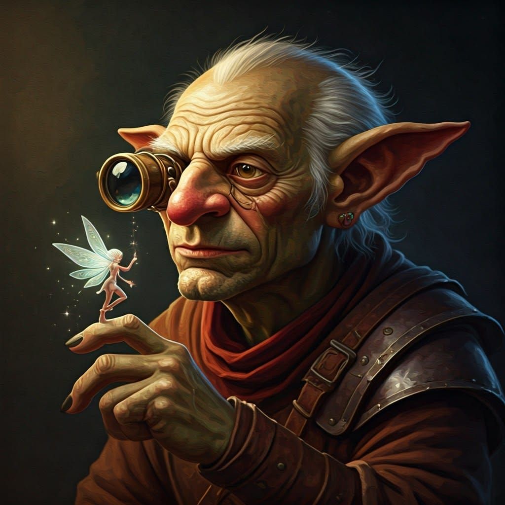 Goblin Scholar Scrutinizing Pixie, Oil Impasto Style