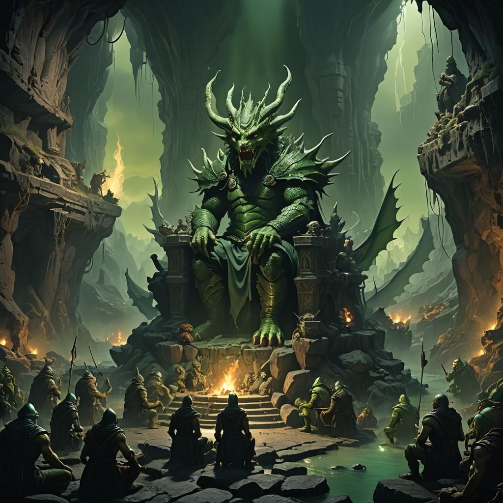 Green Dragon Warlord and Goblin Tithe: Dark Fantasy Art
