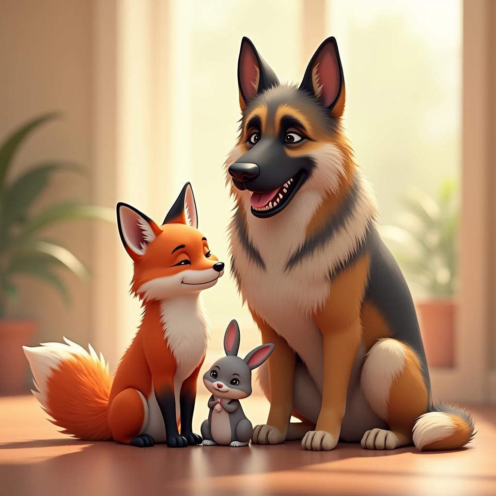 Harmonious Trio: Fox, Bunny, and Dog in Anime Style