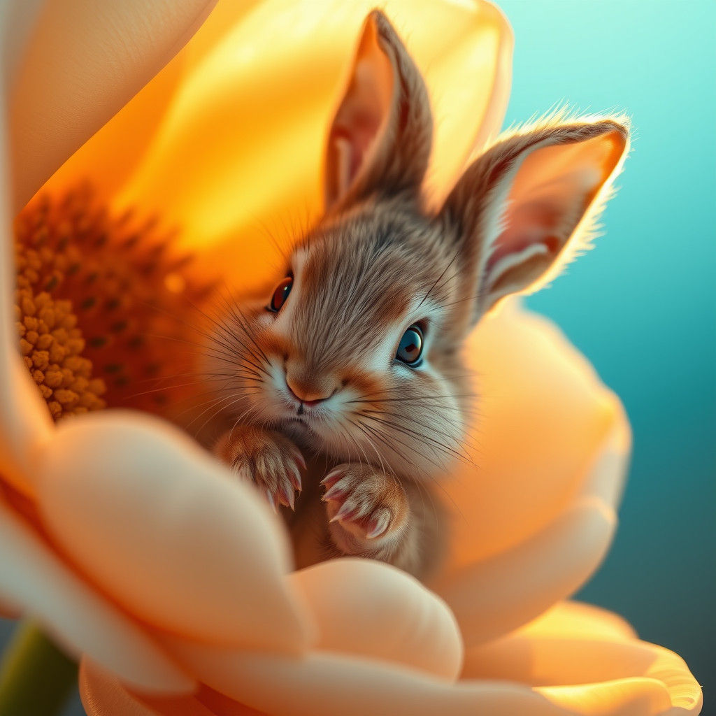 Baby Bunny with Blue Eyes in Flower at Dawn