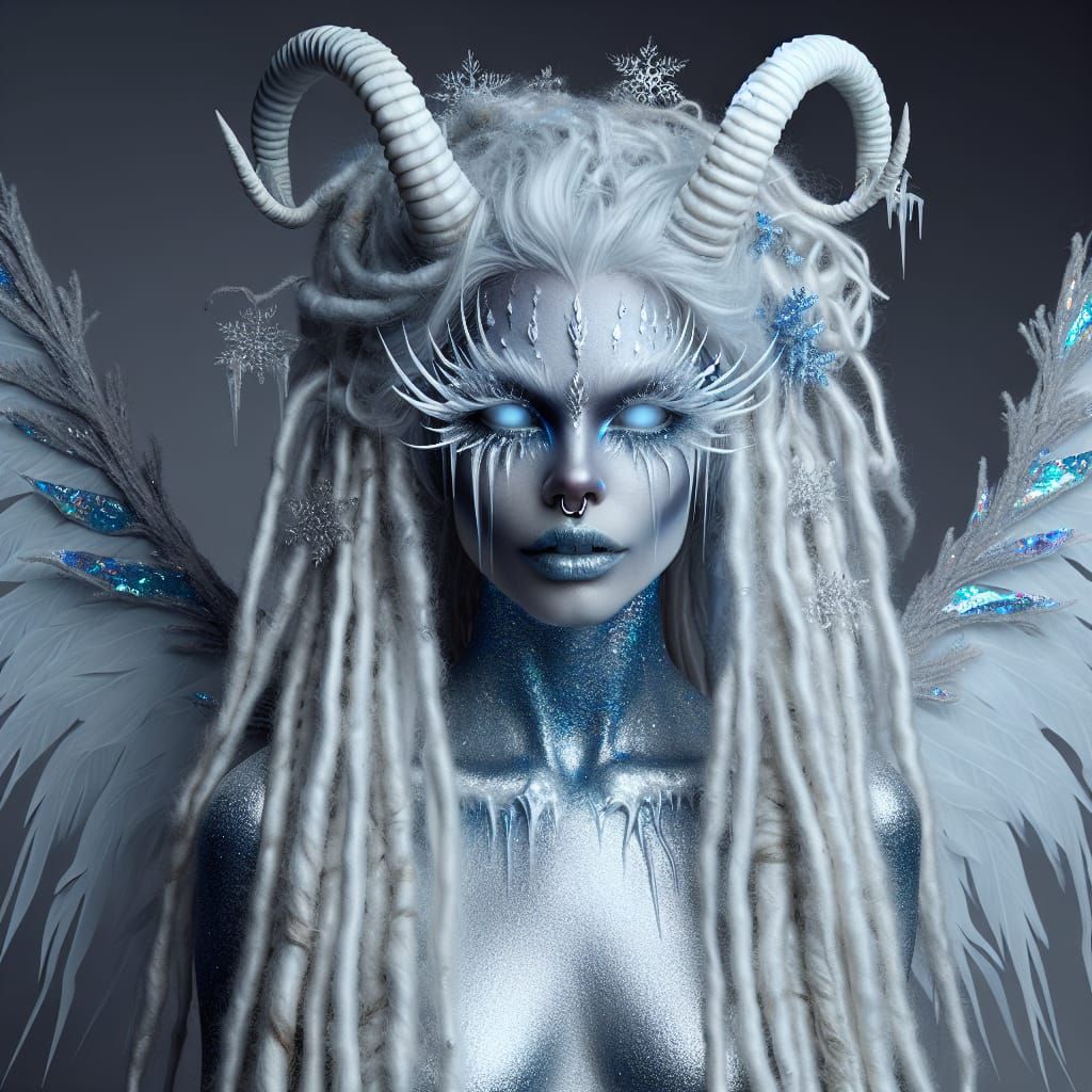 Icy Demonic Woman with Silver Skin and Feather Wings