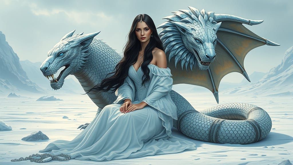 Regal Woman and Hybrid Creature in Icy Landscape