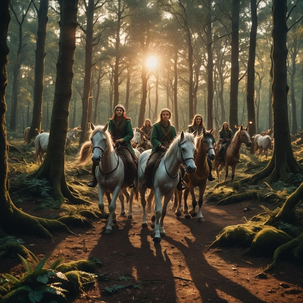 Elves on Unicorns in Mystical Forest at Sunset