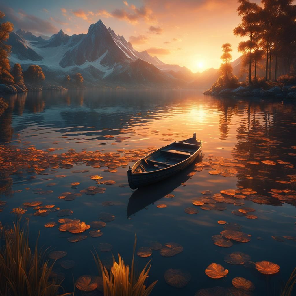 Lake Sunrise with Boat: Detailed Matte Painting
