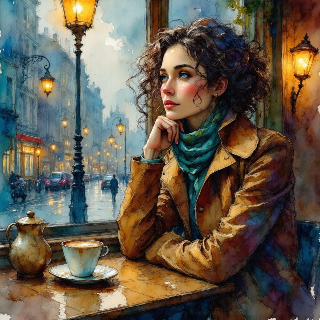 Woman in Cafe, Van Gogh Style Oil Painting