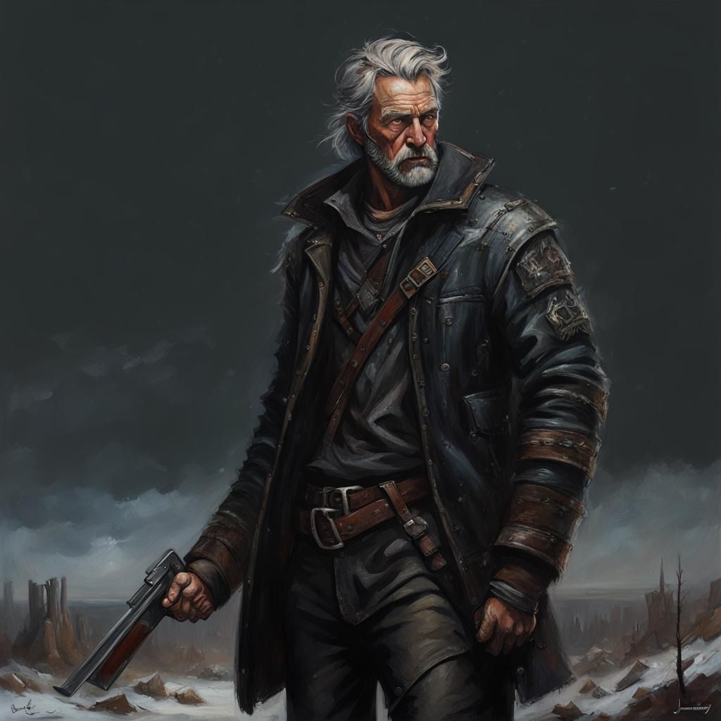 Post-Apocalyptic Norseman in Winter Wasteland as Oil Paintin...