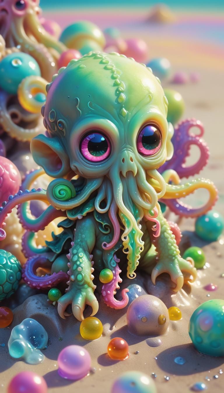 Cute Baby Cthulhu on Tentacles, Fantasy Art
