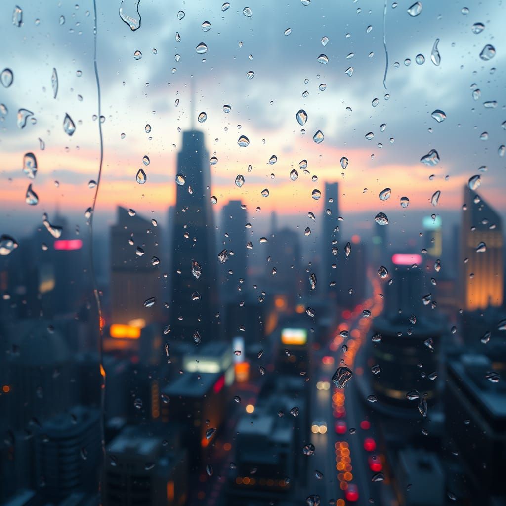Dusk Cityscape Reflected Through Rainy Window
