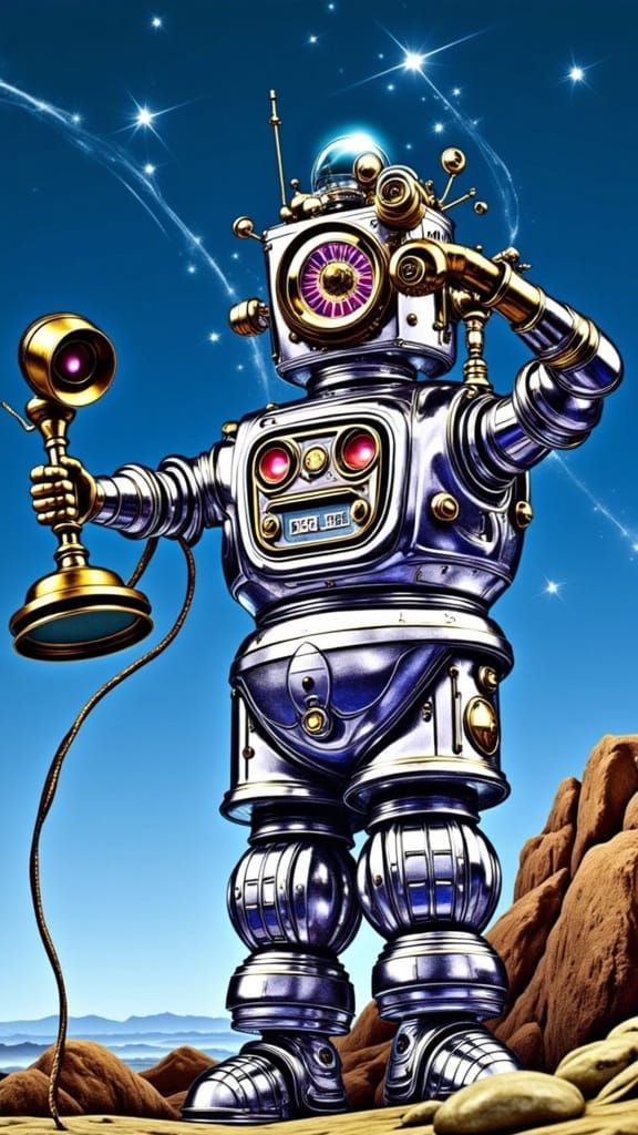 Vintage Robot on Alien Planet Talking on Candlestick Phone