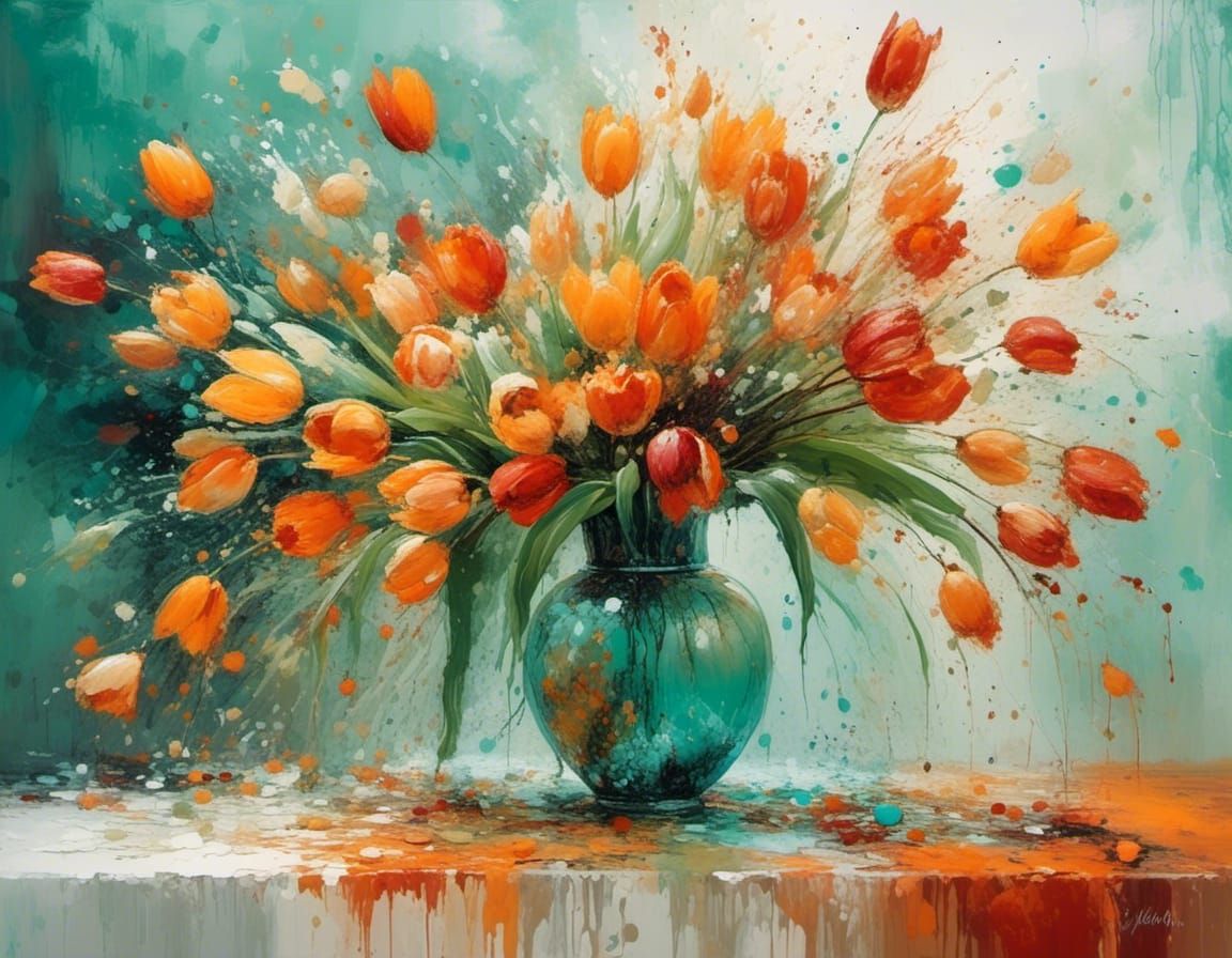 Exploding Vase of Vivid Orange Tulips