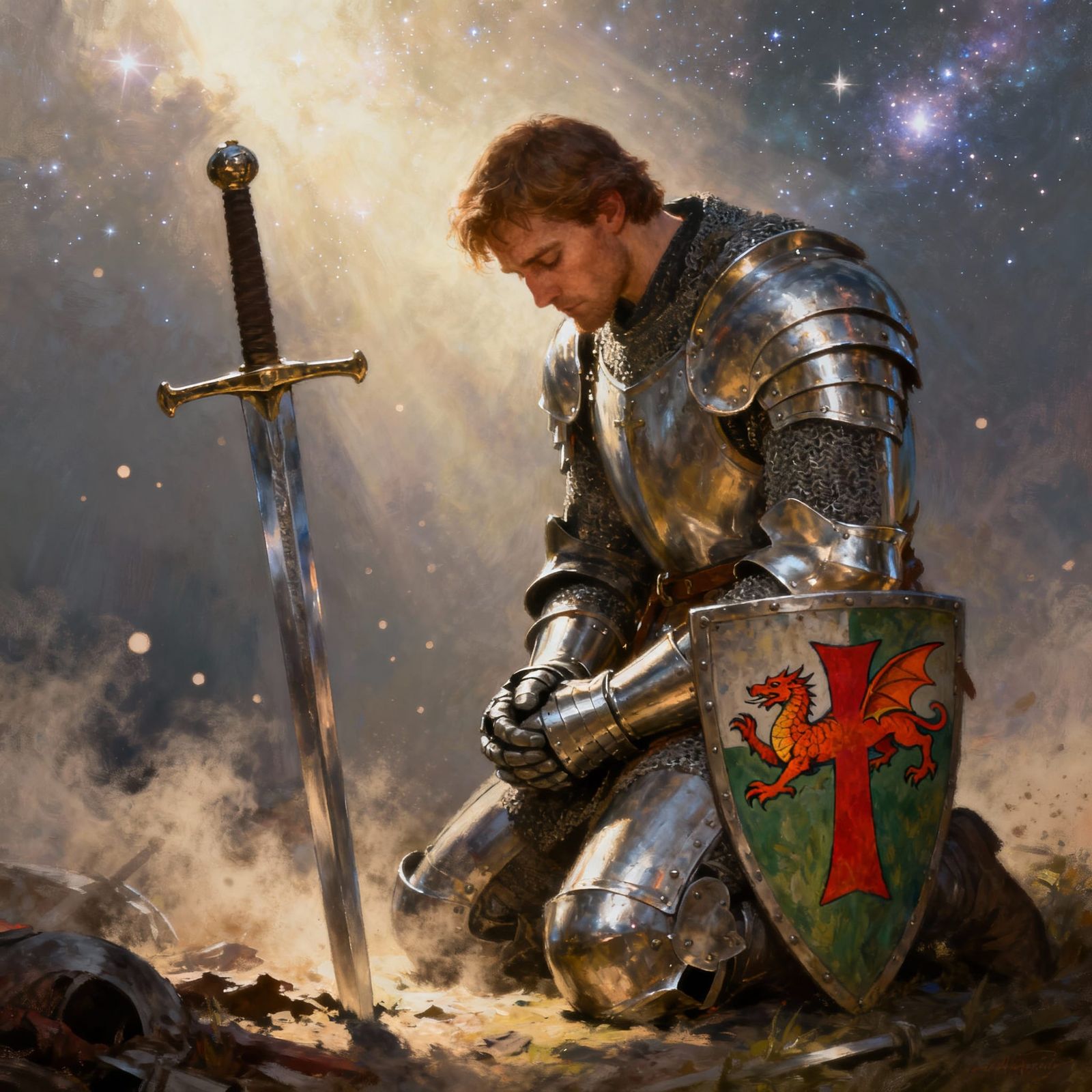 Welsh Knight Kneeling in Prayer with St David's Cross Shield