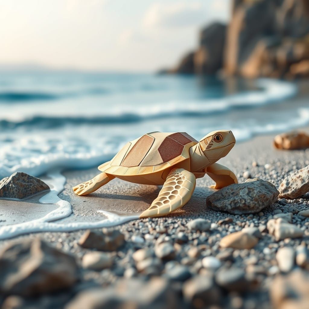 Origami Turtle on Greek Beach in Digital Painting Style