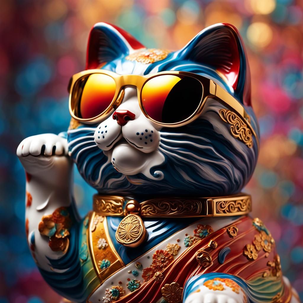 Maneki-neko Statue with Sunglasses in Pop Art Style