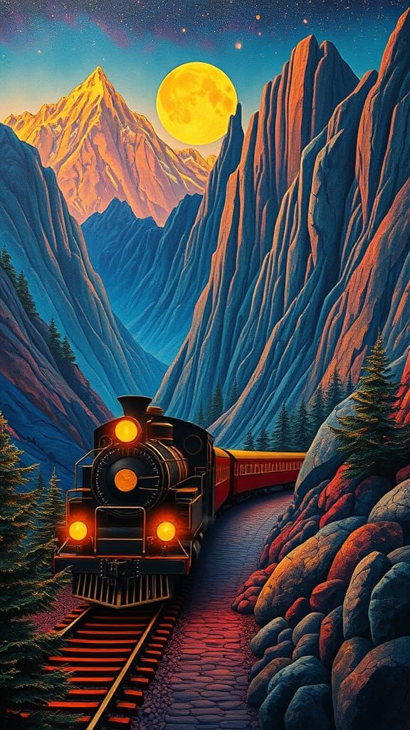 Traveling by Steam Train in the Mountains Moebius deep color contrasting colors art Nouveau detailed painting poster art...