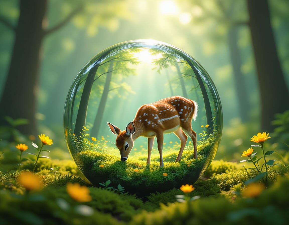Deer in Glass Sphere: Hyper-Realistic Forest Scene