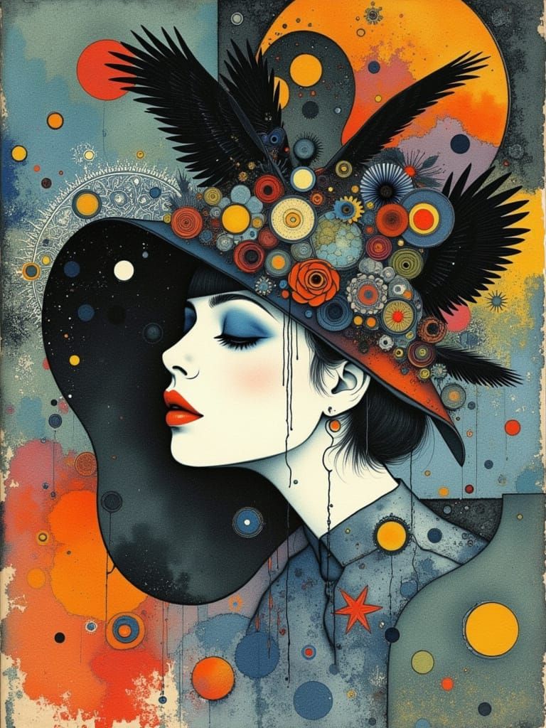 Gothic Surreal Woman in Watercolor Floral Fractal Dreamscape