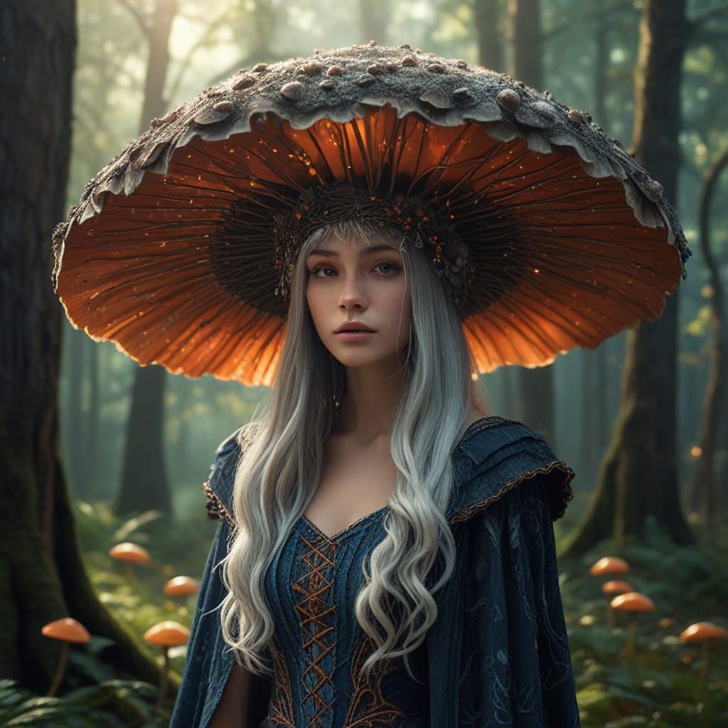 Whispering Forest Guardian Amidst Ethereal Mushrooms