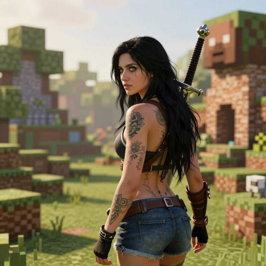 Adventurous Warrior Woman in Minecraft Village
