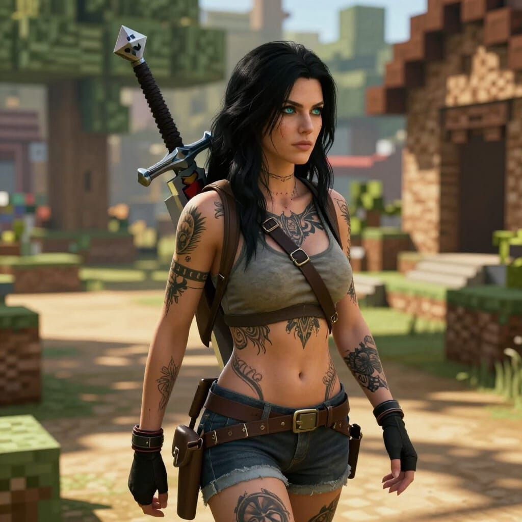 Tattooed Warrior Woman in Minecraft Village