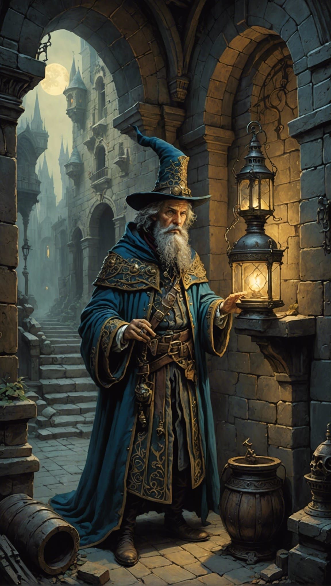 Sorcerer Exploring Baroque Dungeon with Magic Lantern