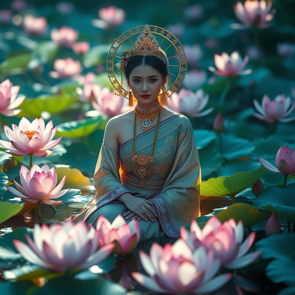 Thai Woman in Lotus Pond: Detailed Matte Painting