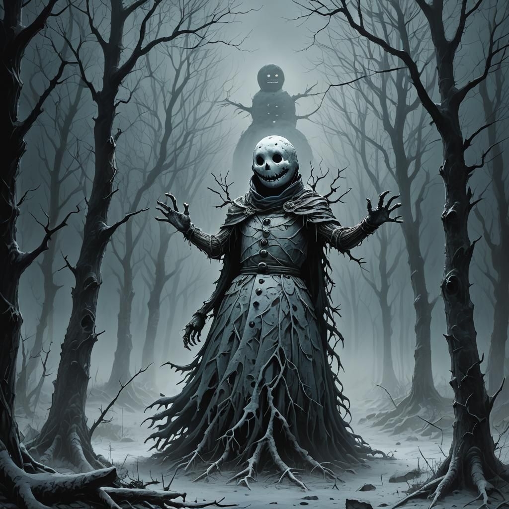 Creepy Snowman in Gothic Forest: Dark Fantasy Art