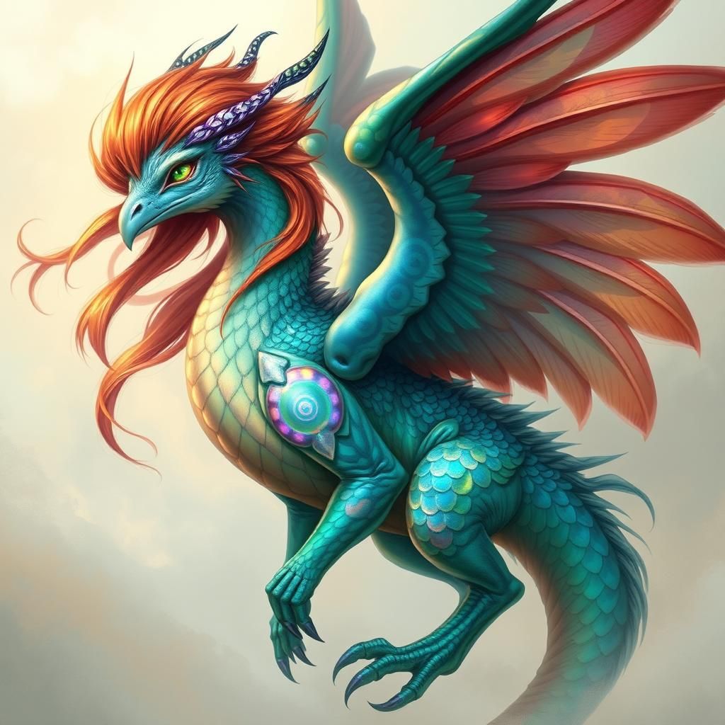 a siren , a phoenix ,a peacock, a dragon in beautiful detail...