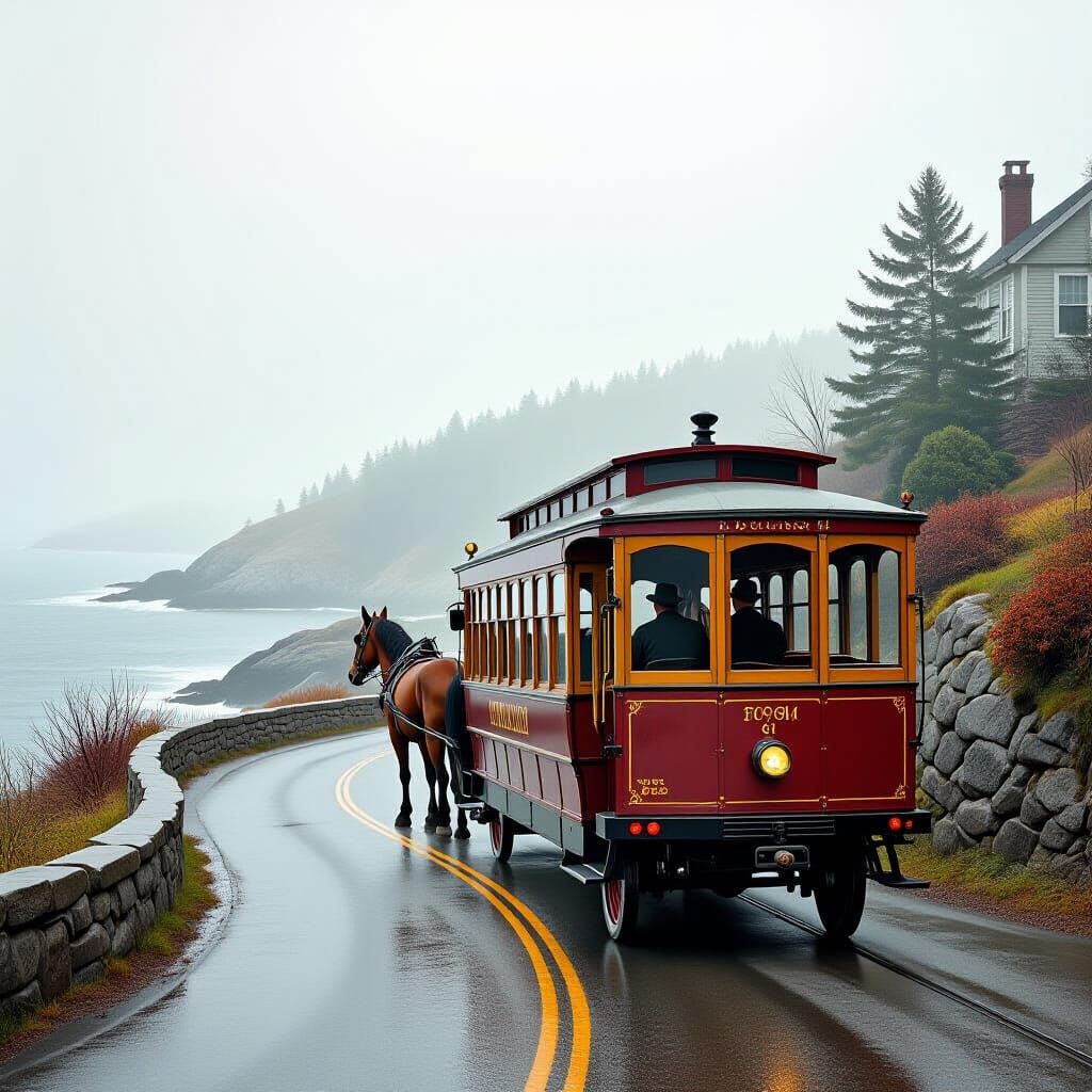Horse-Drawn Streetcar on Maine Coast, Rustic Realism