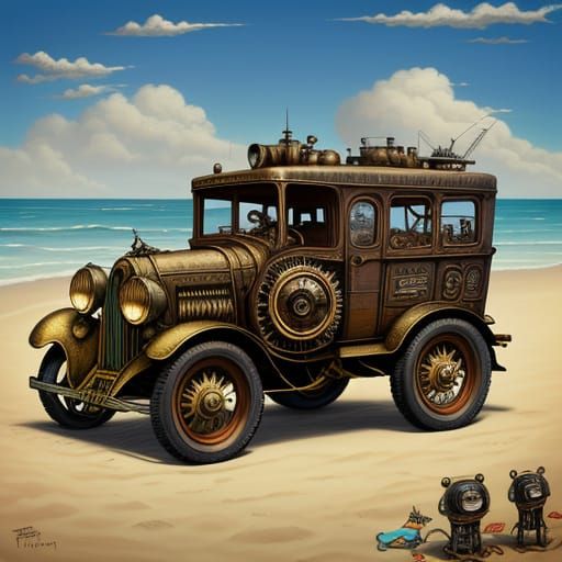 Vibrant Steampunk Beach Scene in a Distressed Aesthetic