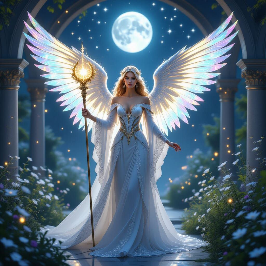 Celestial Angel Queen in Moonlit Temple Garden