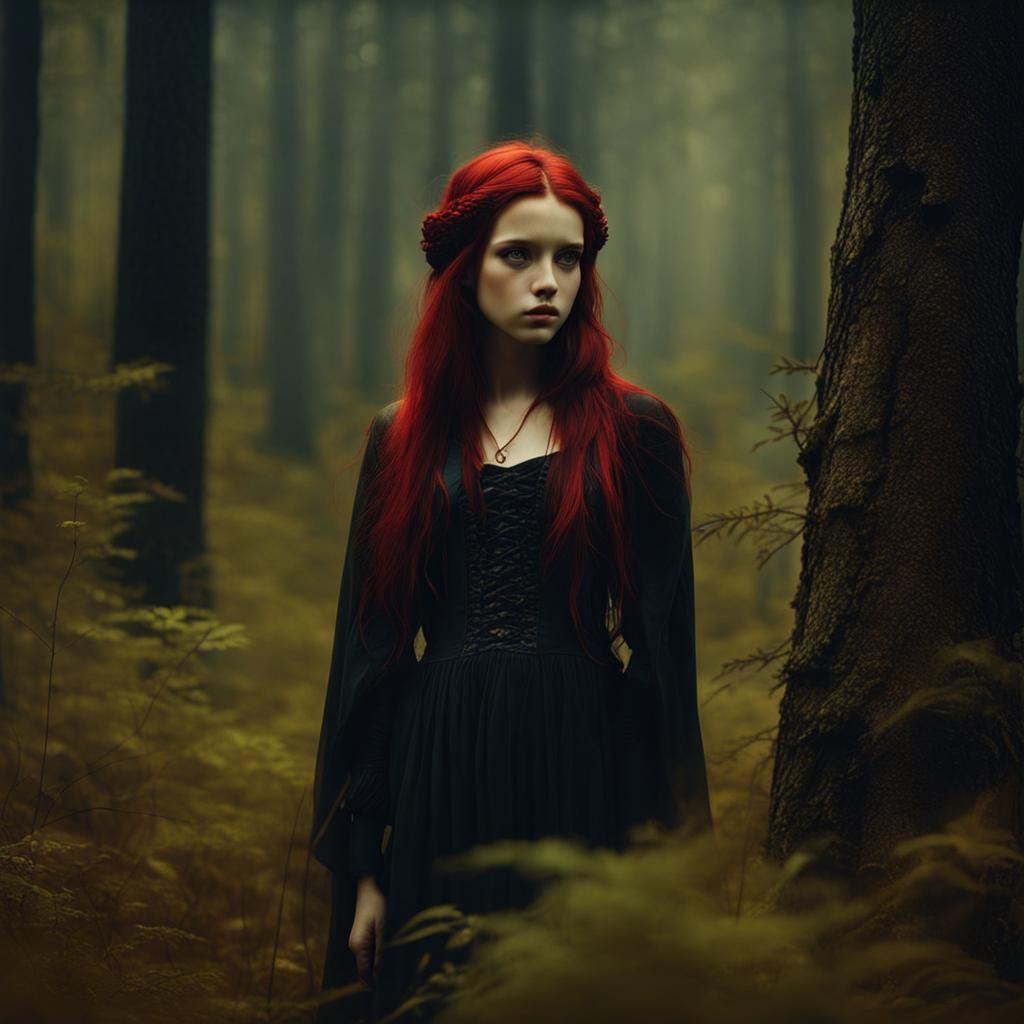 Gothic Girl Alone in Forest: Surreal Digital Portrait