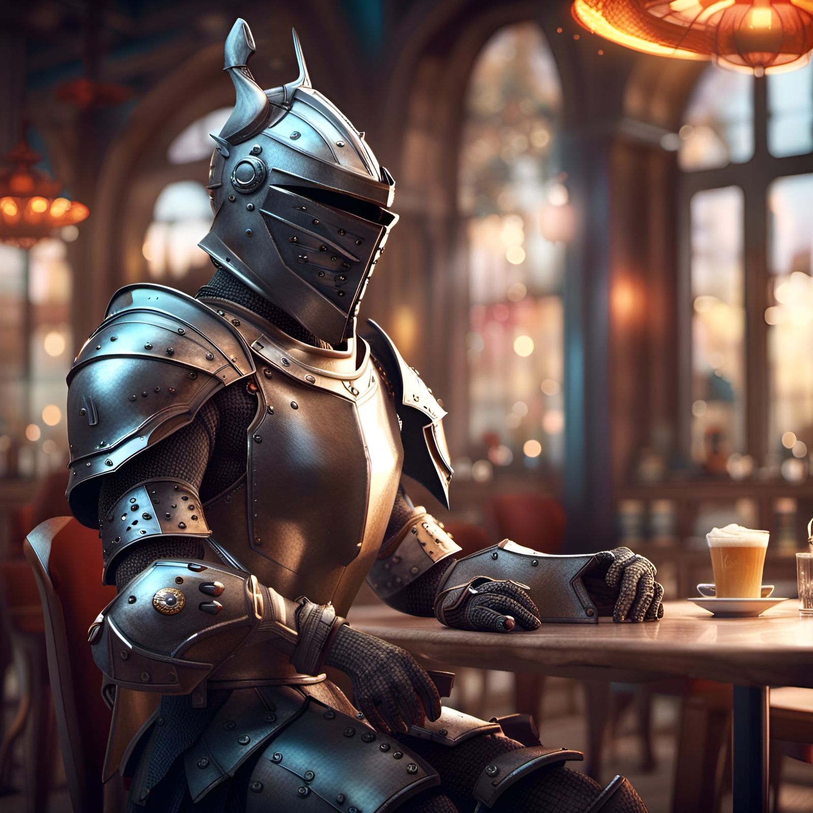 Armored Knight in Cafe: 3D Digital Art