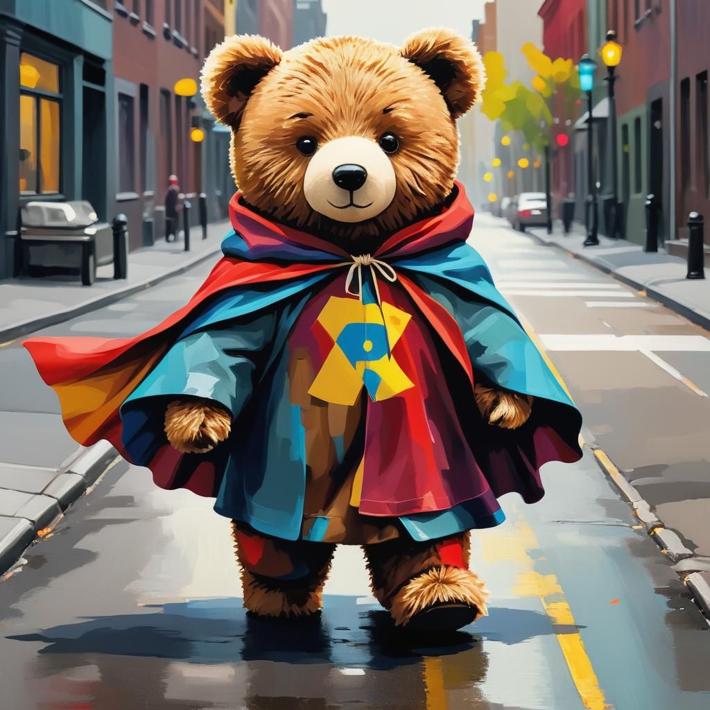 Teddy Bear Superhero Walks City Street