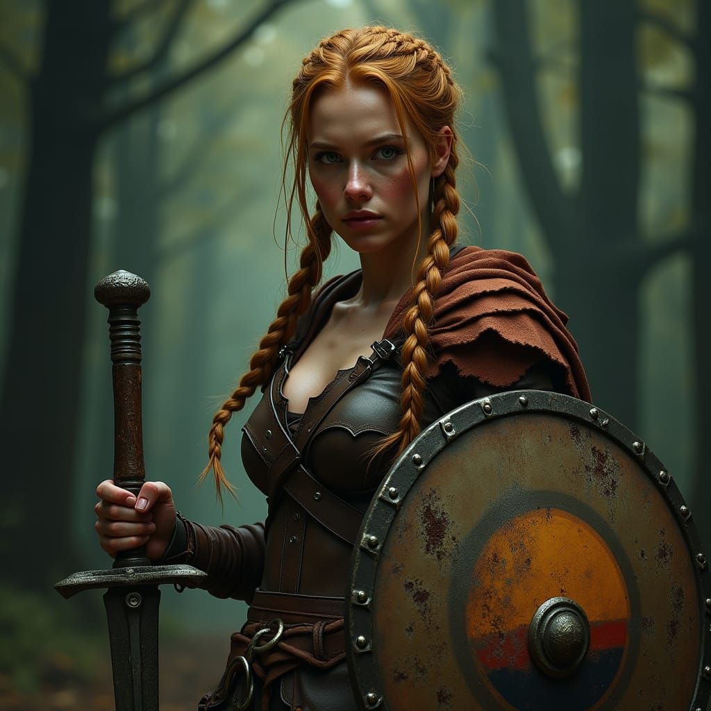 Warrior Woman in Battle-Scarred Armor Poses in Dark Forest