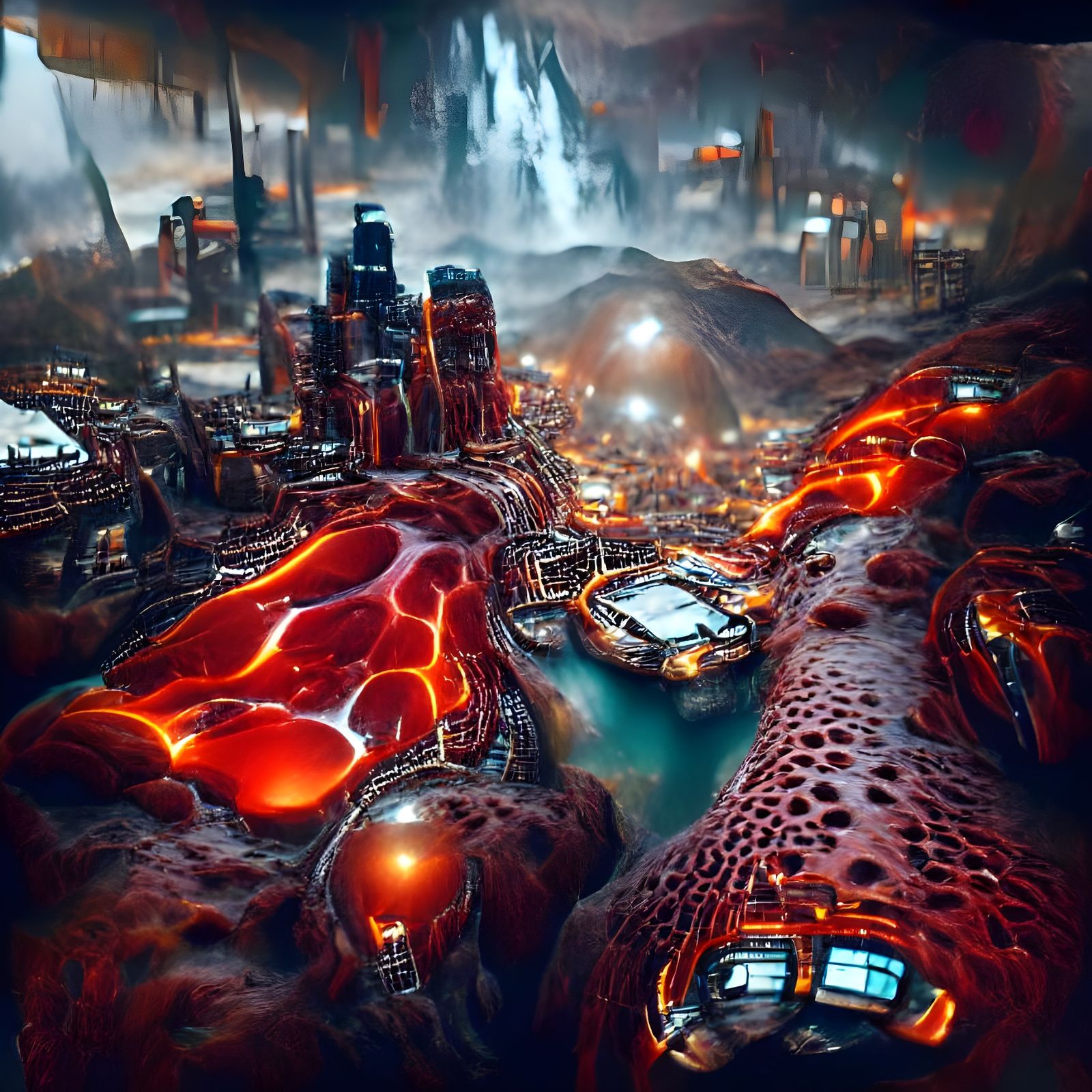 Steampunk City in Volcanic Cavern Digital Painting