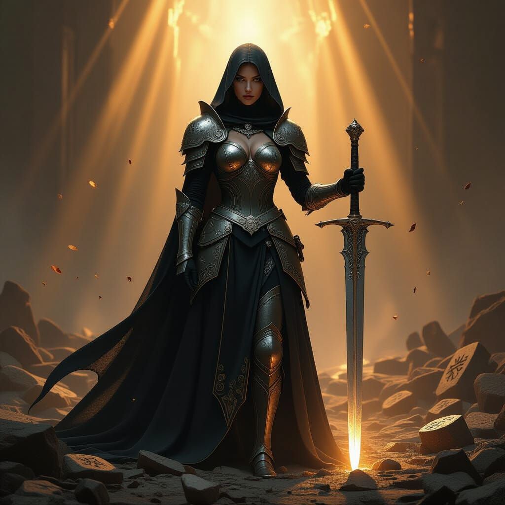 Queen of Swords in Medieval Armor Amidst Battlefield