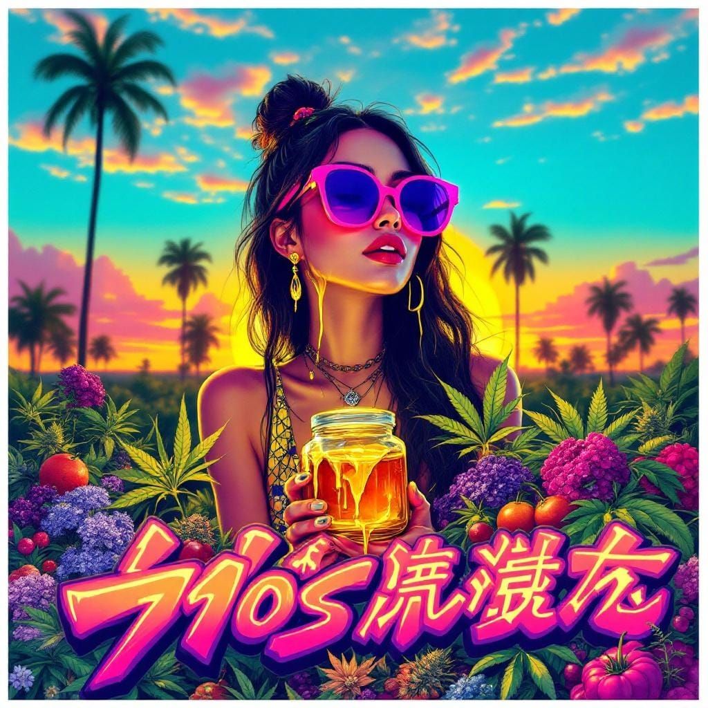 Woman with Honey and Cannabis in Takashi Murakami Style