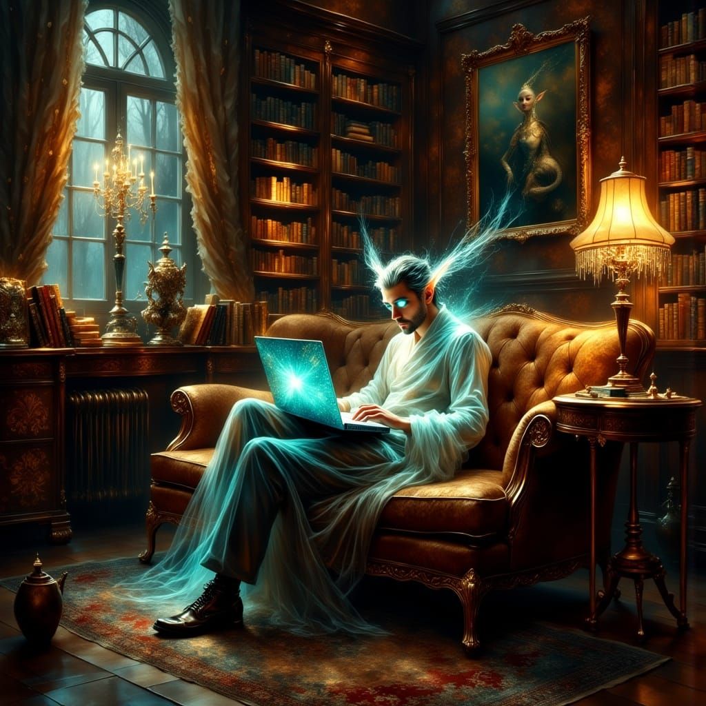 Fantasy Study Scene: Elf Assists Man on Sofa