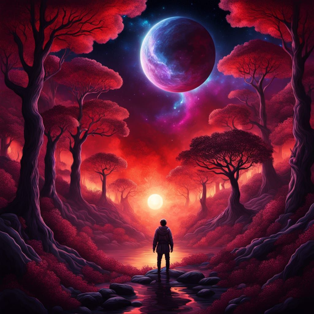 Surreal Cosmic Stalker in Mystical Forest