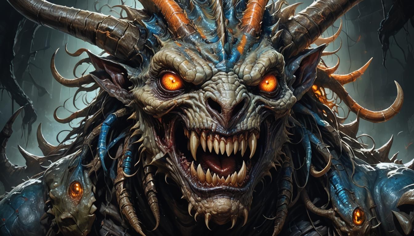 Terrifying Goat-Lizard Monster in Dark Fantasy Horror Art